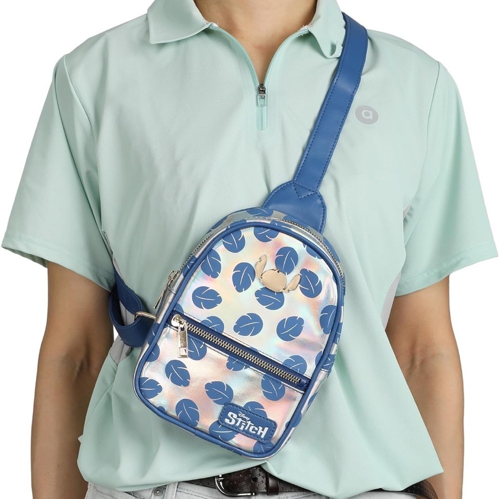 Lilo & Stitch Bioworld Leaves All Over Print Shiny Mini Sling Backpack NWT - Picture 7 of 7